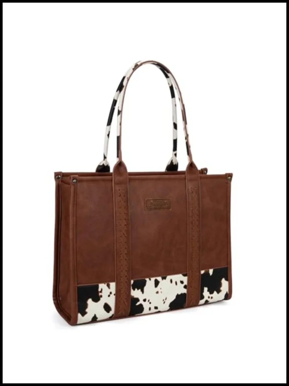 Large Cow Print Tote Bag with Whipstitch Detail Faux Leather Satchel Purse